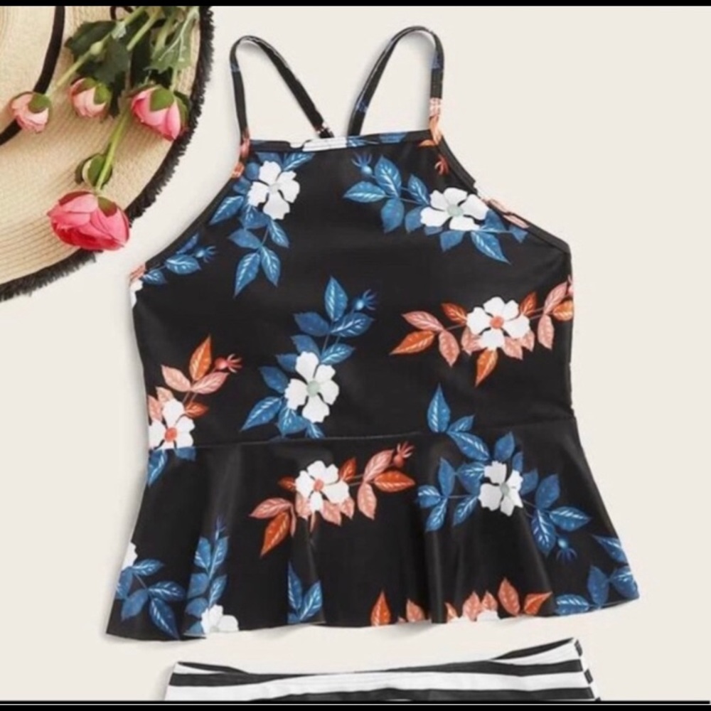 Black Floral Tankini Top